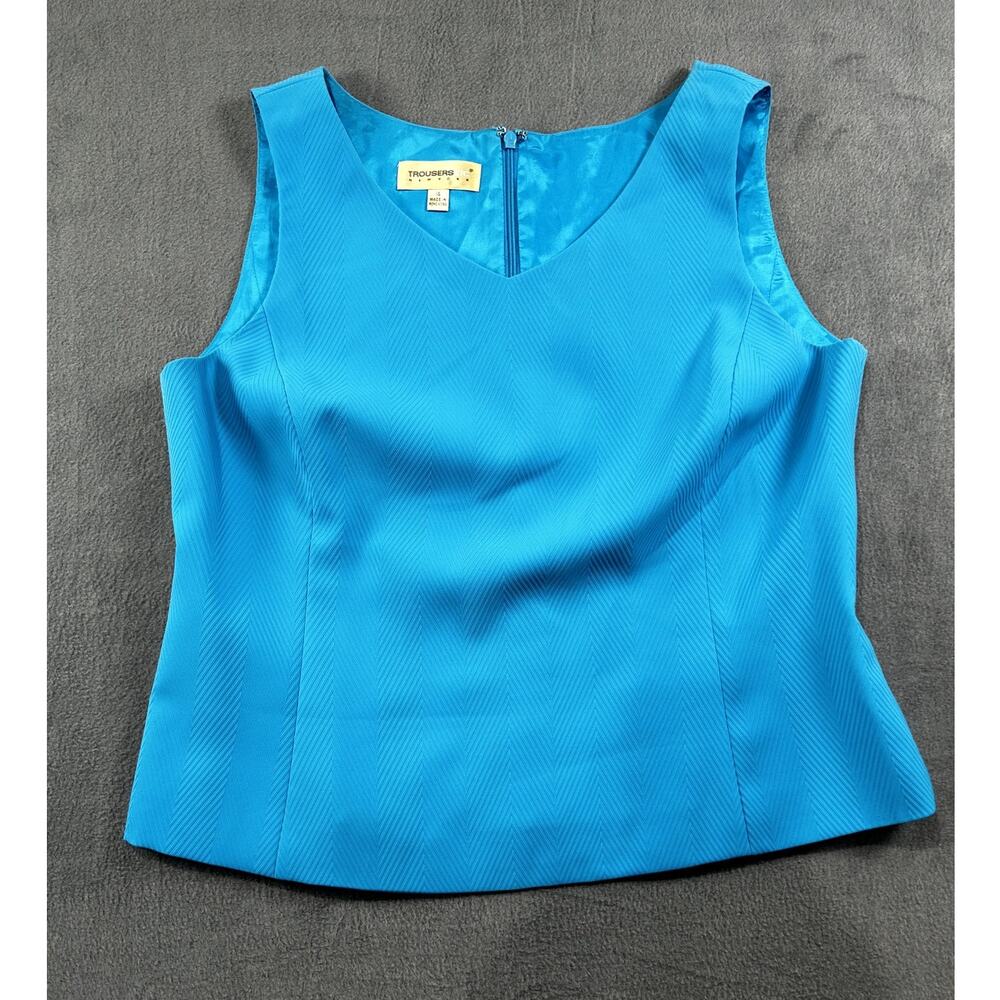 Trousers Etc, Made in Hong Kong Linen Sleeveless Tank Blouse Blue Chevron Sz 14